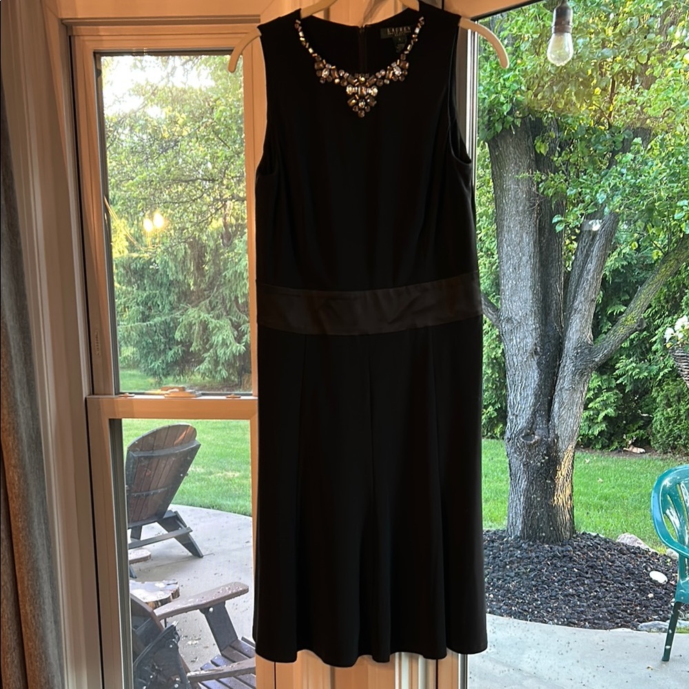 Ralph Lauren Black Sheath Midi Dress with Embellished Crew Neck